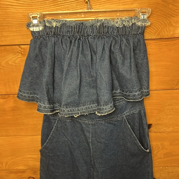 JOA Los Angeles Womens Strapless Blue Denim Jumpsuit  Wide Leg Cropped Frayed XS - Picture 2 of 11